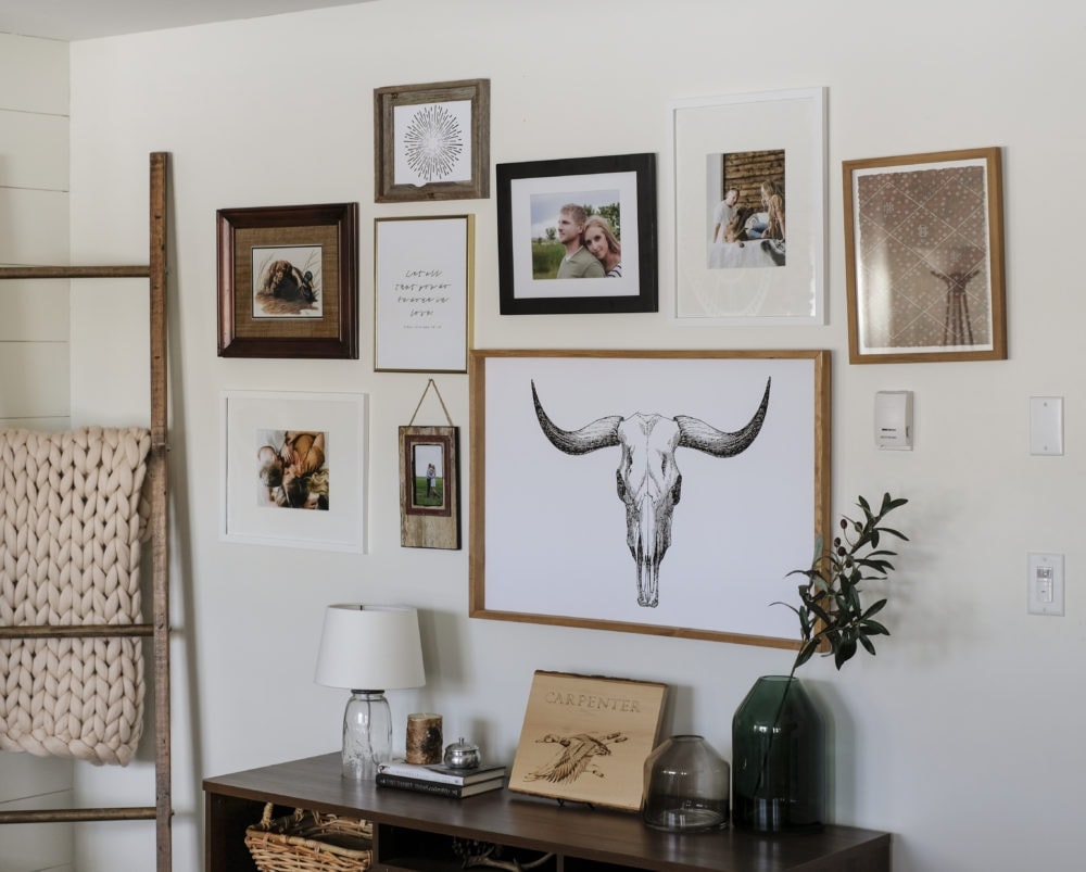 a gallery wall in a living room