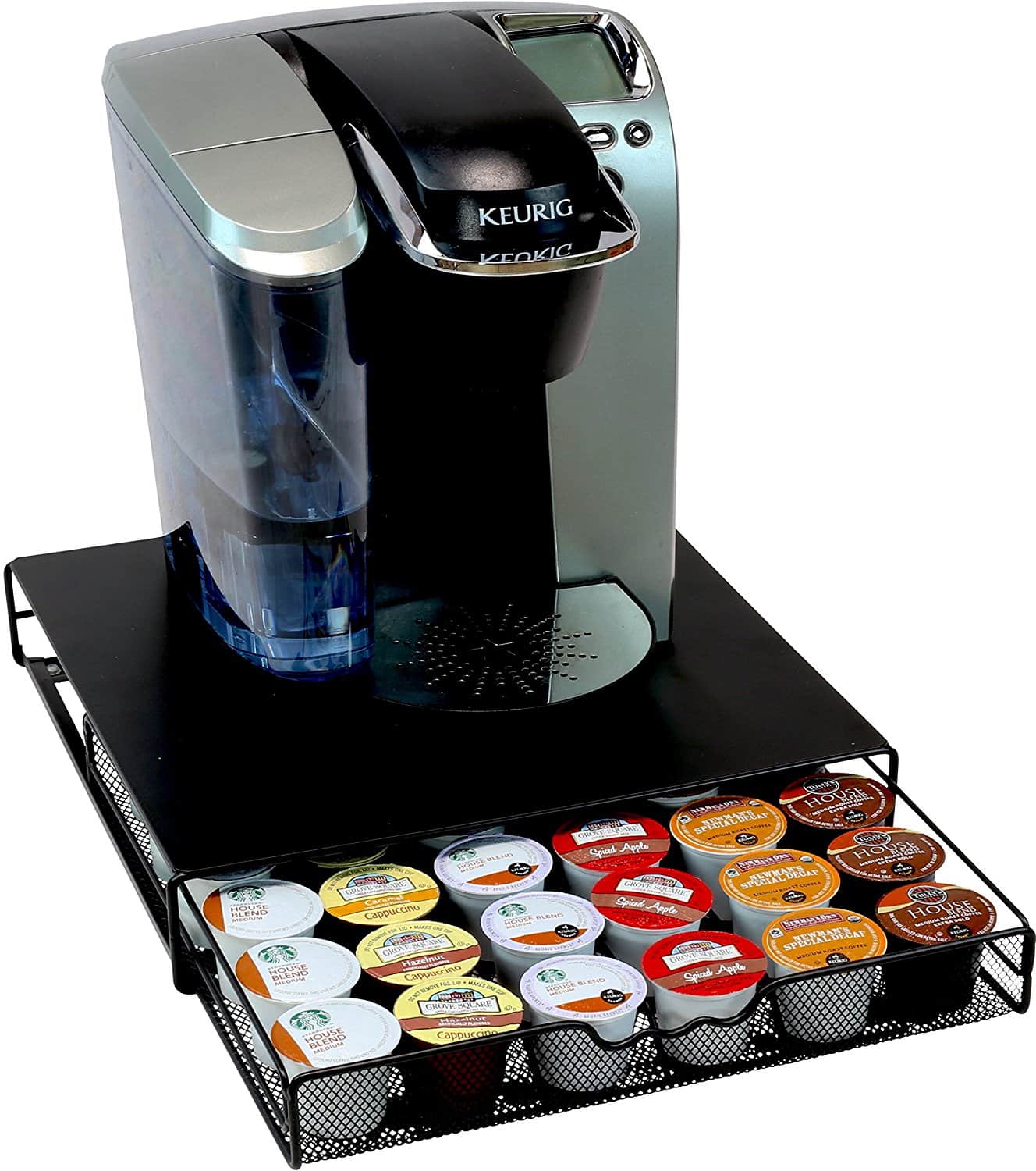 Cheap organization products including a keurig coffee machine sitting on top of a black drawer with Kcups inside