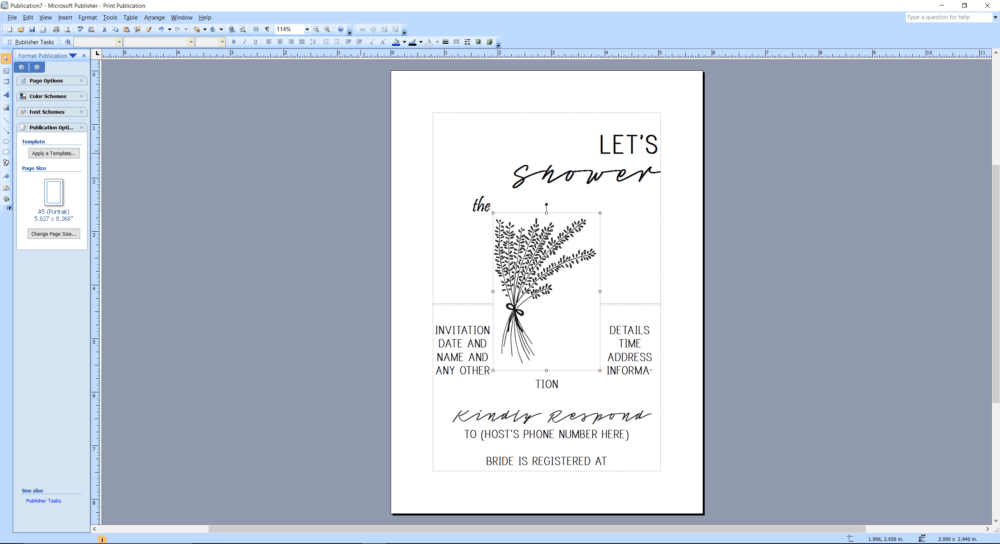 Microsoft Publisher screenshot applying a template