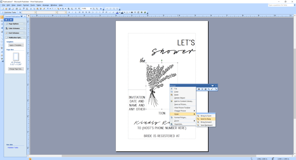 Microsoft Publisher screenshot how to send image to back