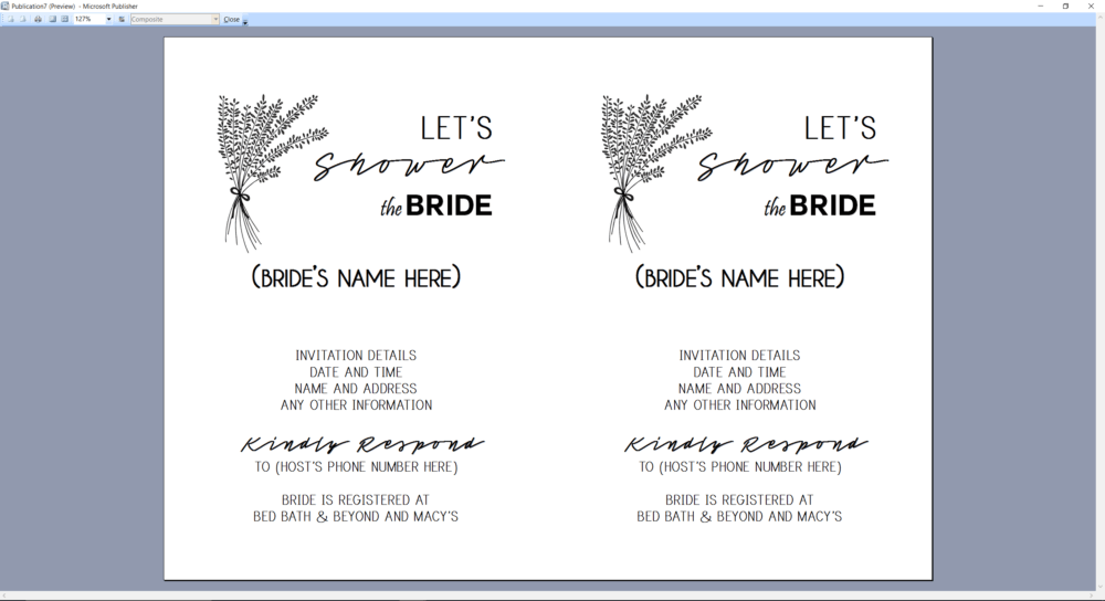 Microsoft Publisher screenshot Bridal Shower Invitation Print Preview