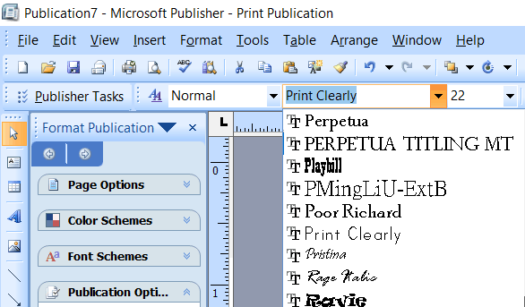 Microsoft Publisher screenshot selecting your custom font