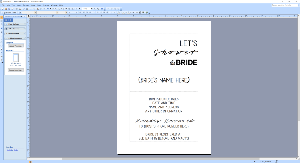 Microsoft Publisher screenshot showing a bridal shower invitation 