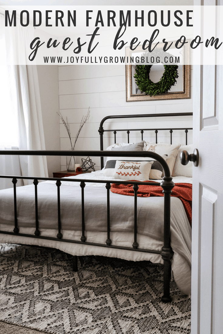 Farmhouse Bedroom. Text overlay, "Modern Farmhouse guest bedroom"