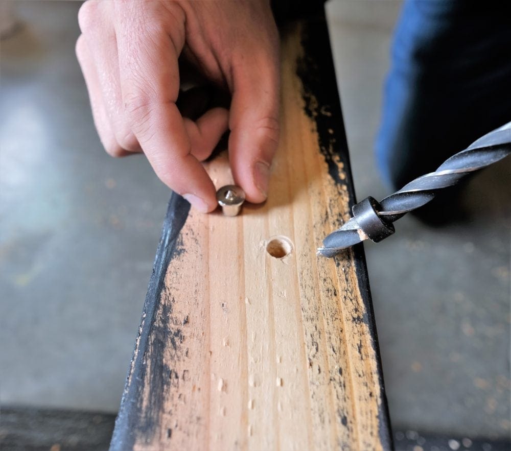 Pre-drilling for dowel on rustic coffee table