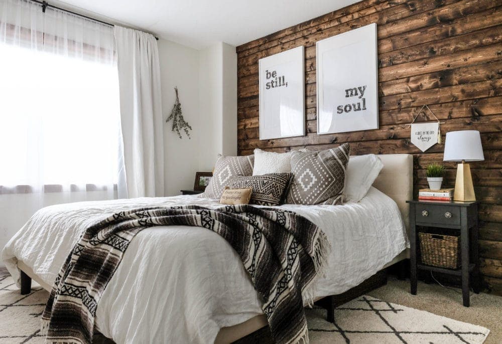 a master bedroom painted with White Dove by Benjamin Moore 