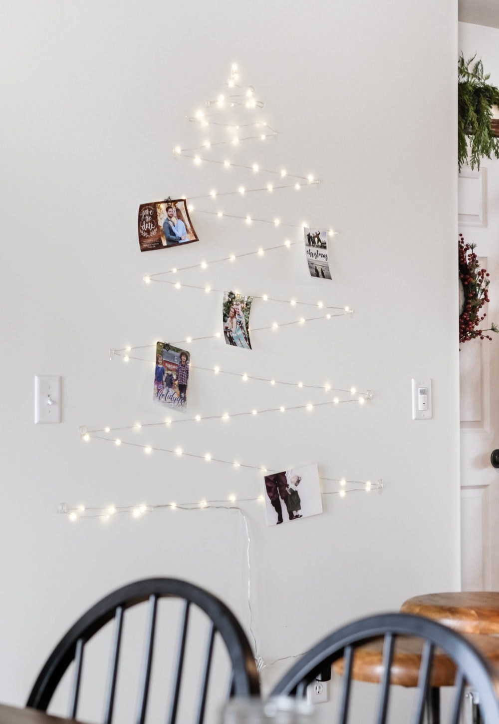 twinkle Light Card Display shaped like a christmas tree for a simple Christmas decor idea