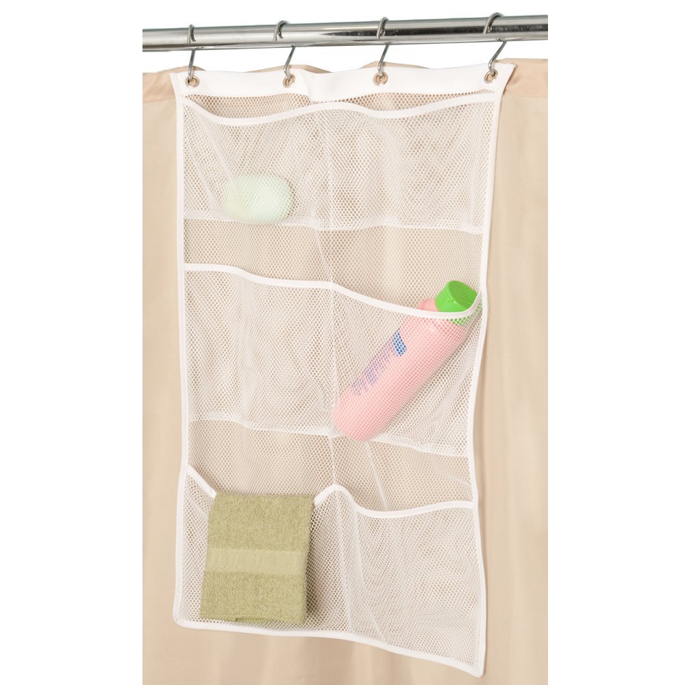 Cheap organization products including a mesh shower curtain organizer with 6 pockets to hold shower items