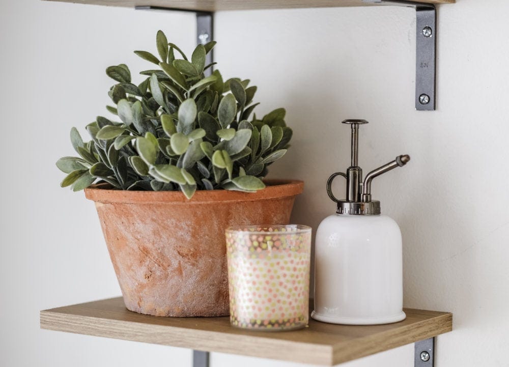 shelf styled with sage in a terracotta pot, a candle, and a watering can