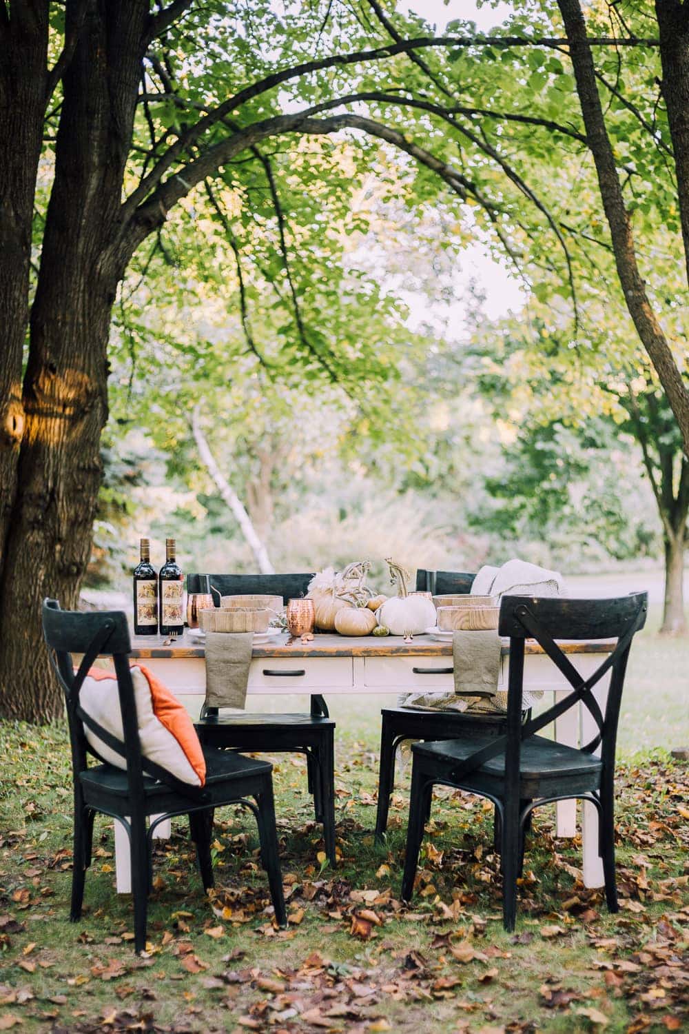 Thanksgiving table centerpiece outdoors in the park on a farmhouse table with black chairs