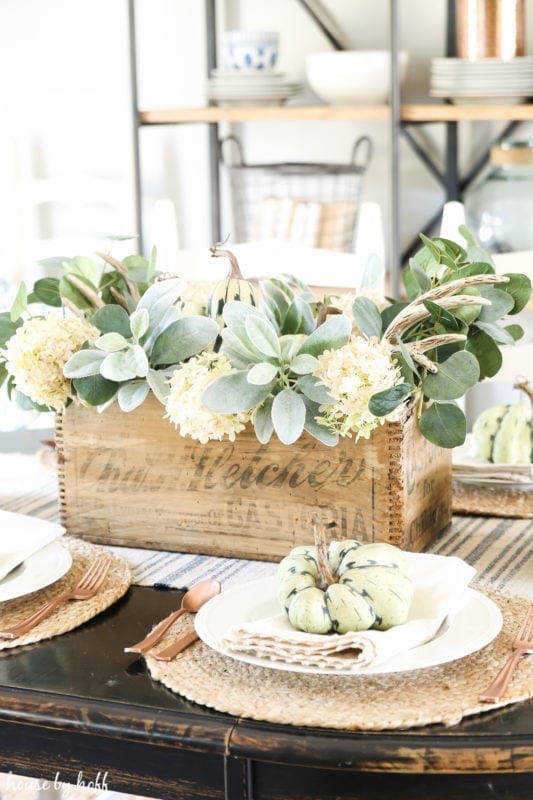 Thanksgiving table centerpieces with a rustic wood box and lambs ear greenery