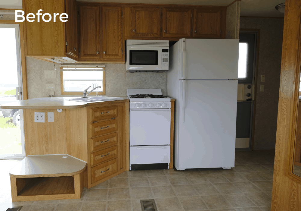 RV kitchen remodel before photo with original cabinets and appliances