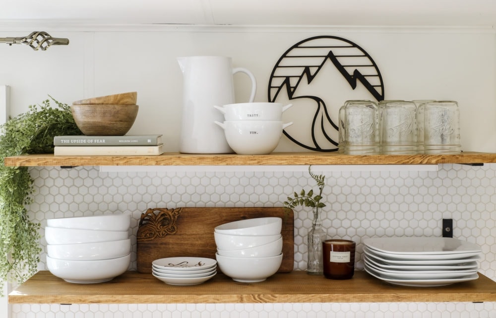 kitchen remodel with open shelves and hexagon tile backsplash