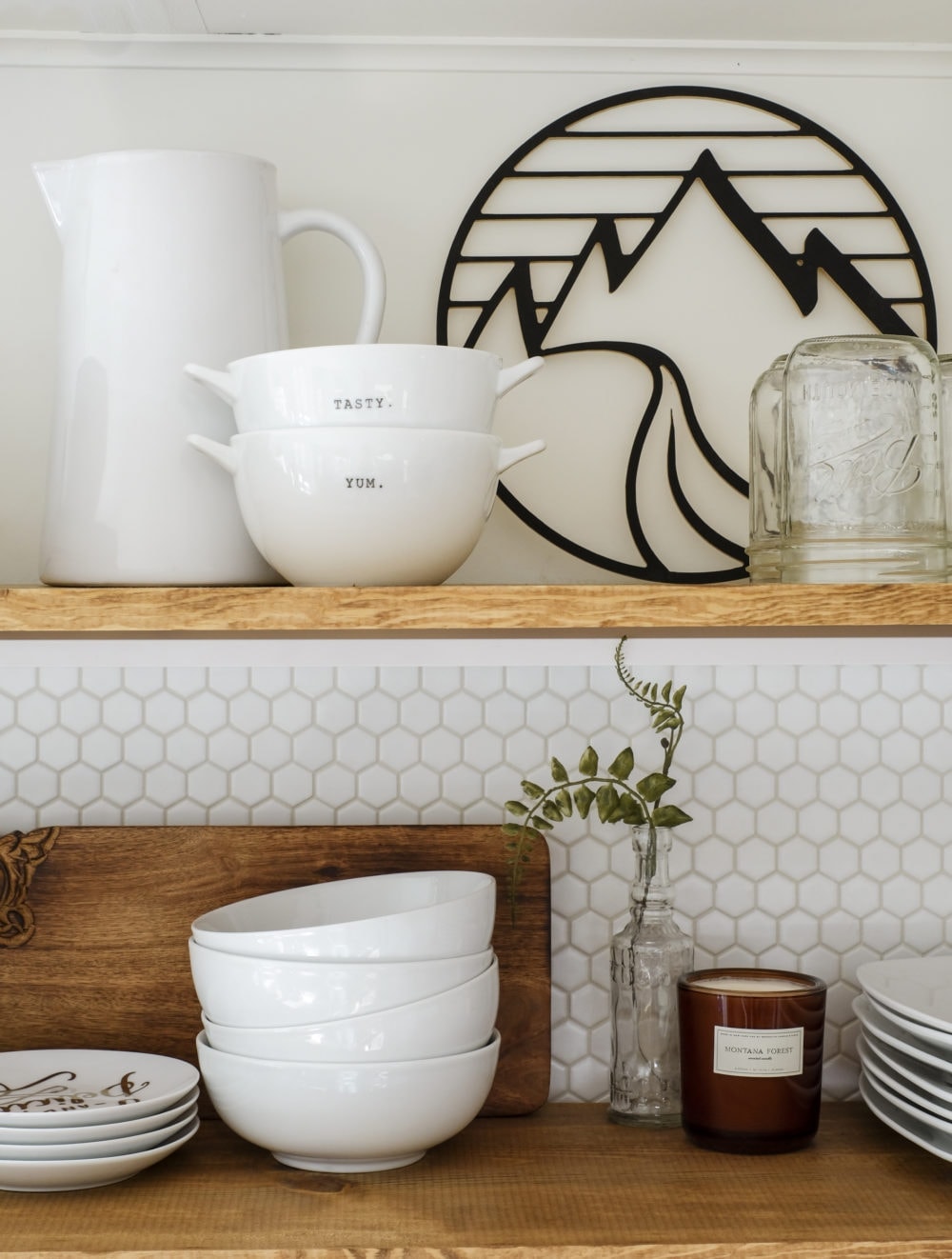 RV kitchen remodel with open shelving and hexagon tile backsplash