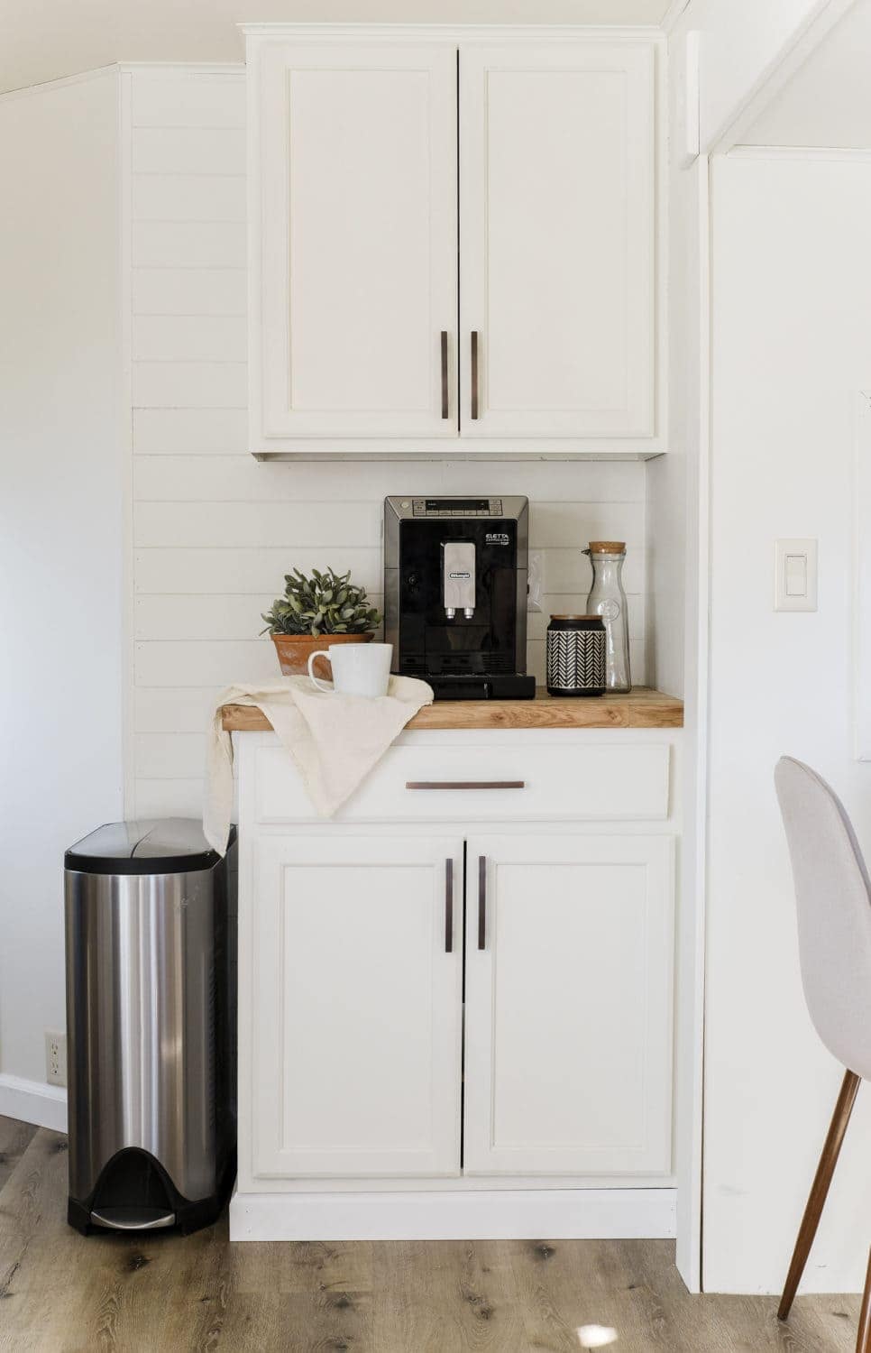 RV Kitchen remodel with a designated coffee bar that has an espresso maker