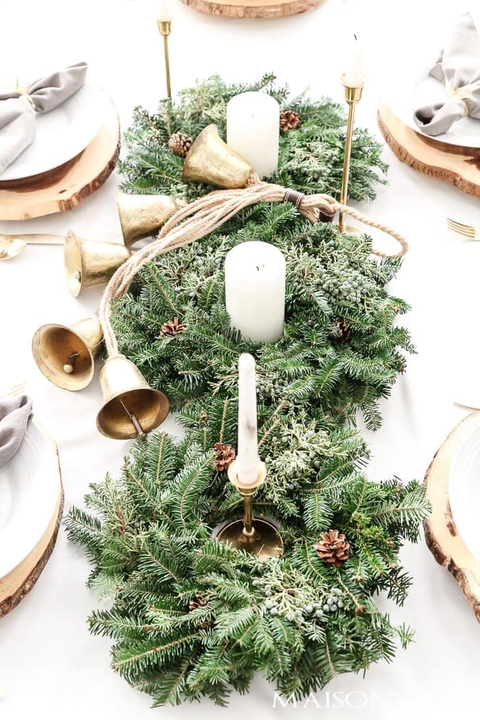 Christmas table runner using 3 wreaths, candles and gold bells