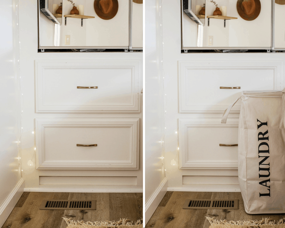 Side by side photos of a closet showing a laundry bin tucked in out of sight