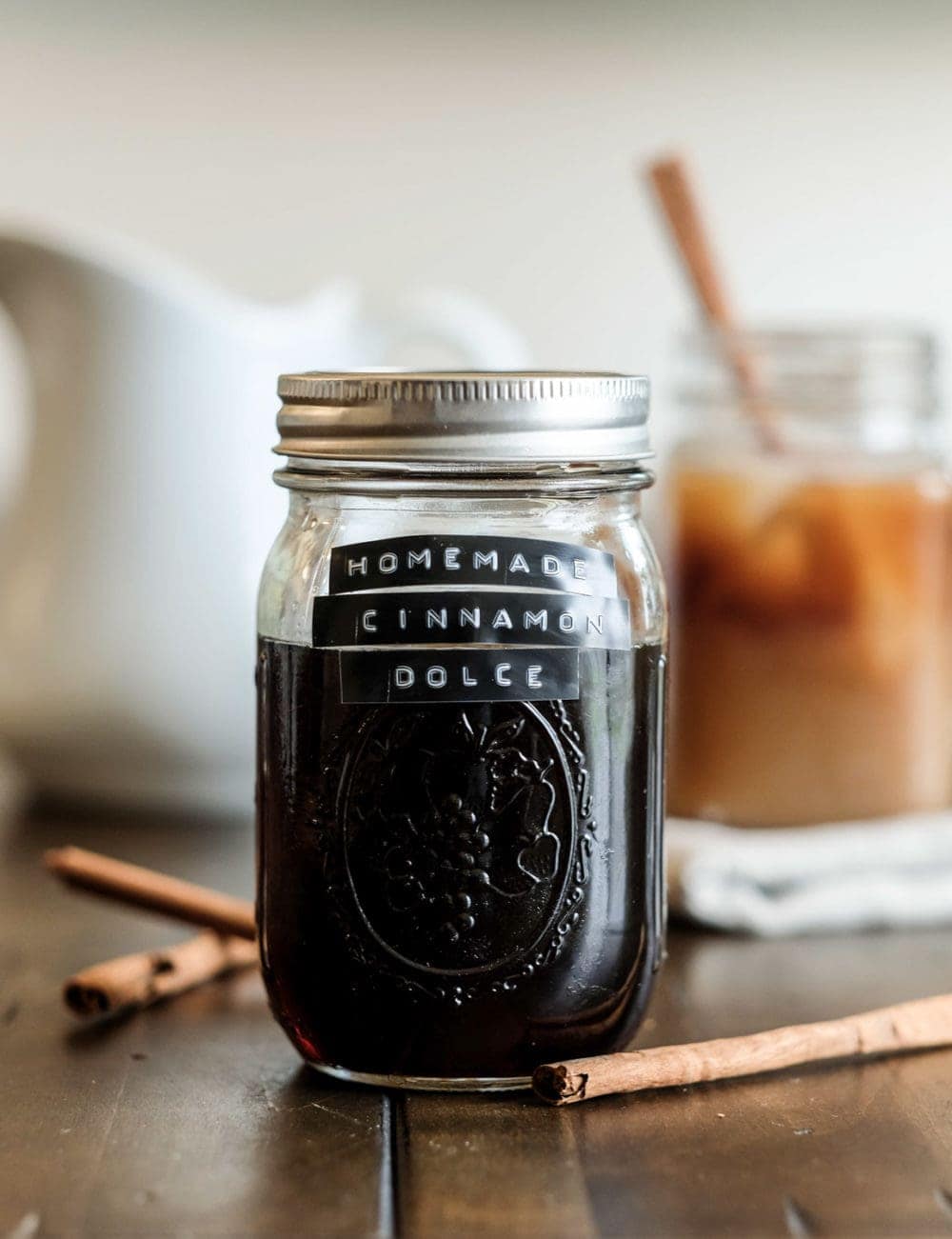 Homemade Cinnamon Dolce Coffee Syrup in a mason jar