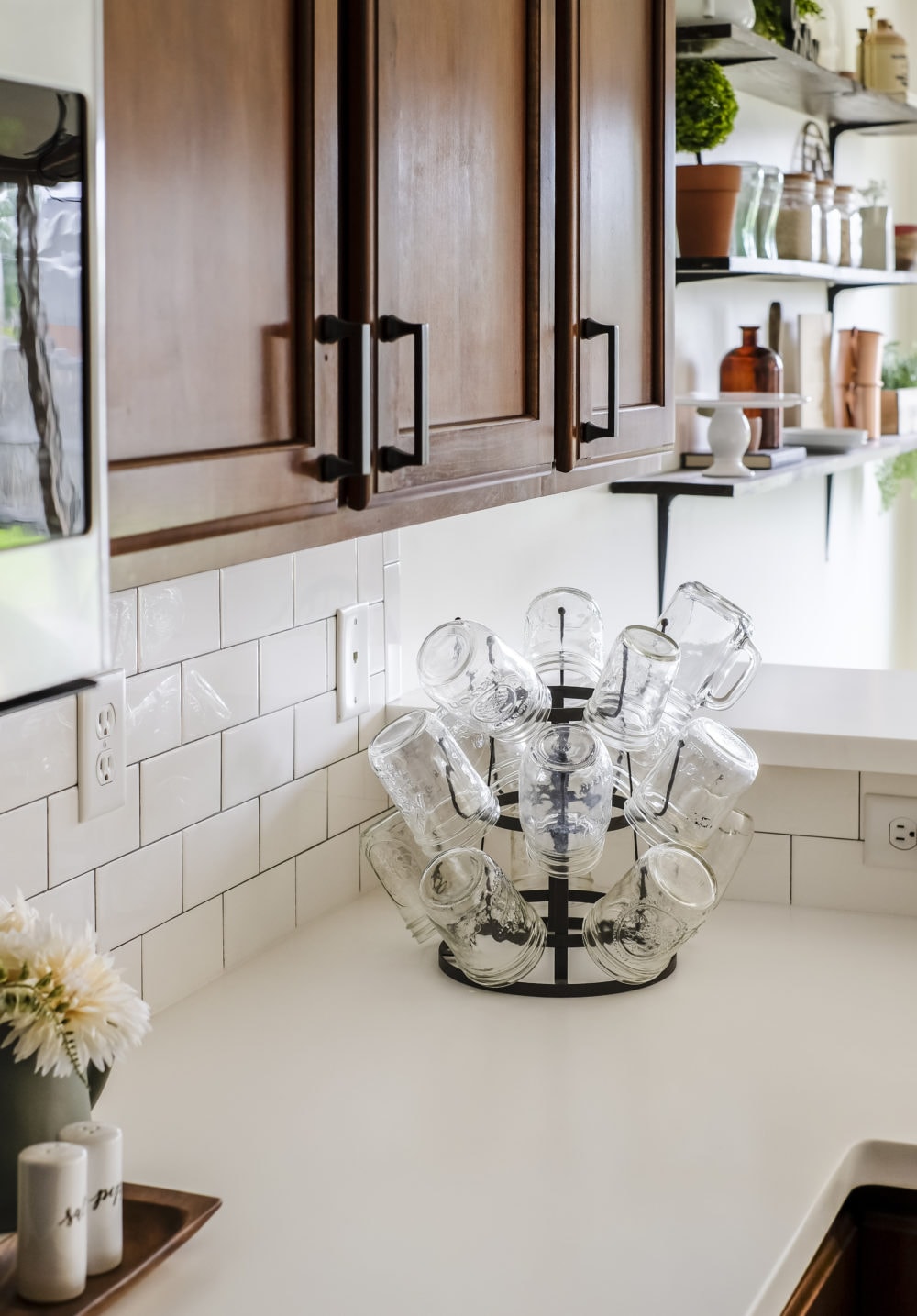 bright kitchen with mason jars on the countertop