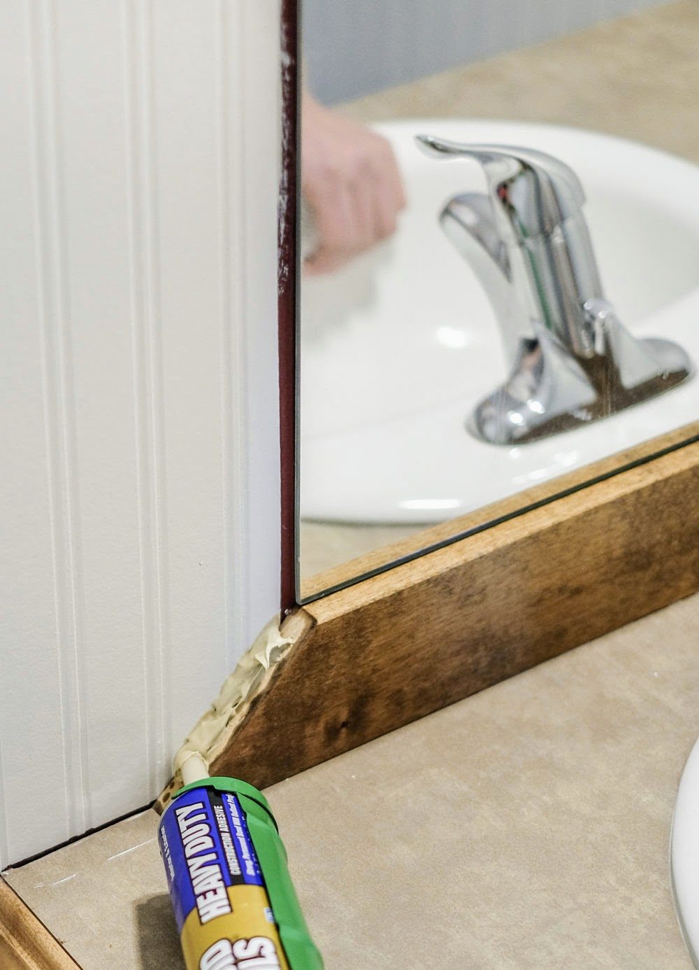 gluing a wood frame to an existing mirror