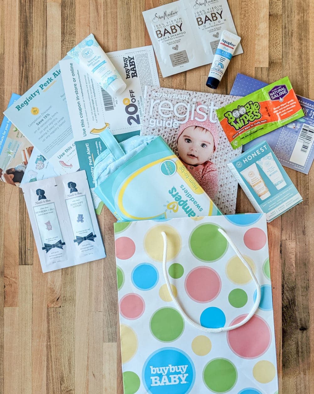 overhead shot of freebies included in buy buy baby goody bag