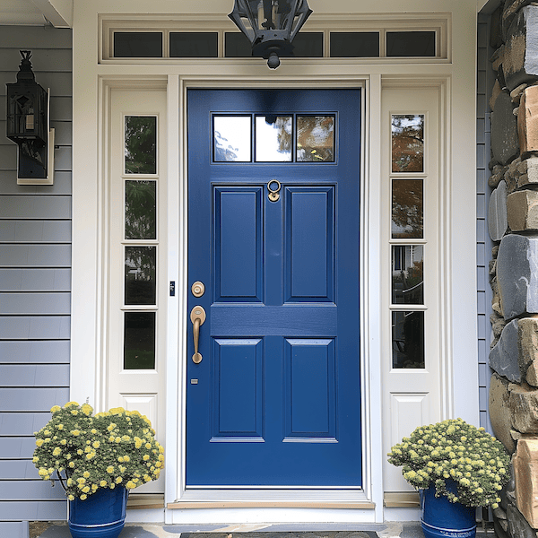 close up of front door painted blue with instant curb appeal
