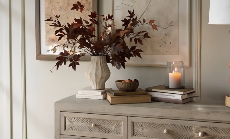 showing Best Floral Stems to Decorate For Fall on a credenza in cozy home