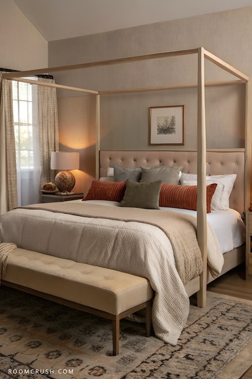 beautifully styled fall bedroom decor with Autumn colors