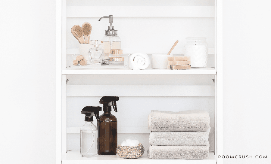 Shelf full of cleaning products showing how to answer "why is my house so dusty?"