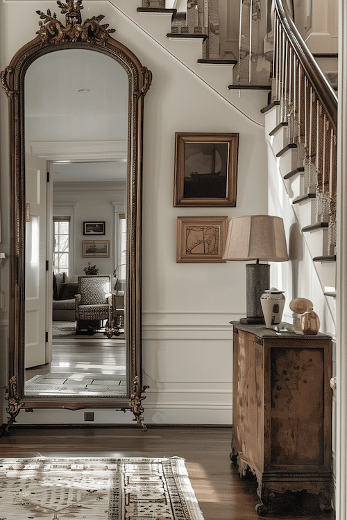 tour a unique home with entryway decor ideas for a foyer that wows vintage mirror and antique credenza