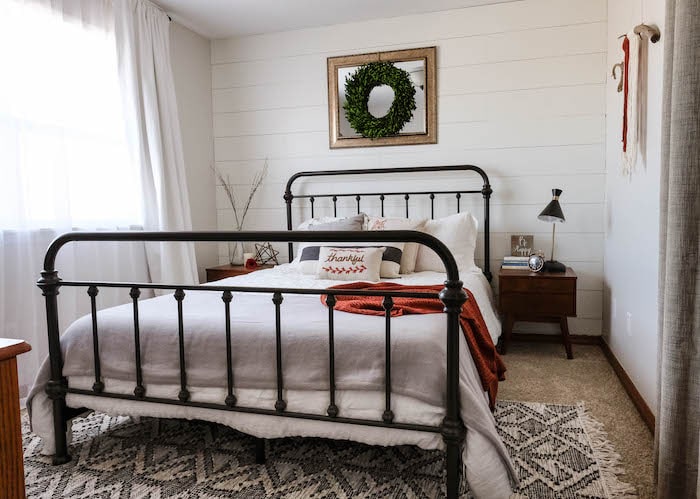 a bedroom painted with white dove and pale oak