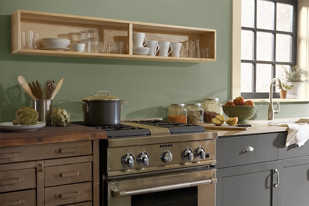 kitchen walls painted with Dried Thyme by Sherwin-Williams