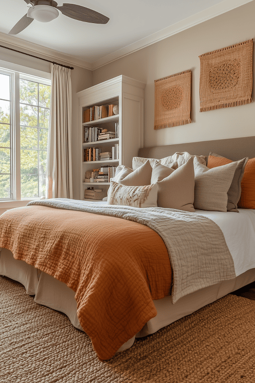 Bedroom decorated with bright terracotta colors