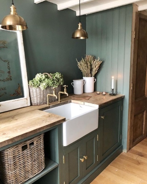 farmhouse bathroom painted with Green Smoke by Farrow & Ball