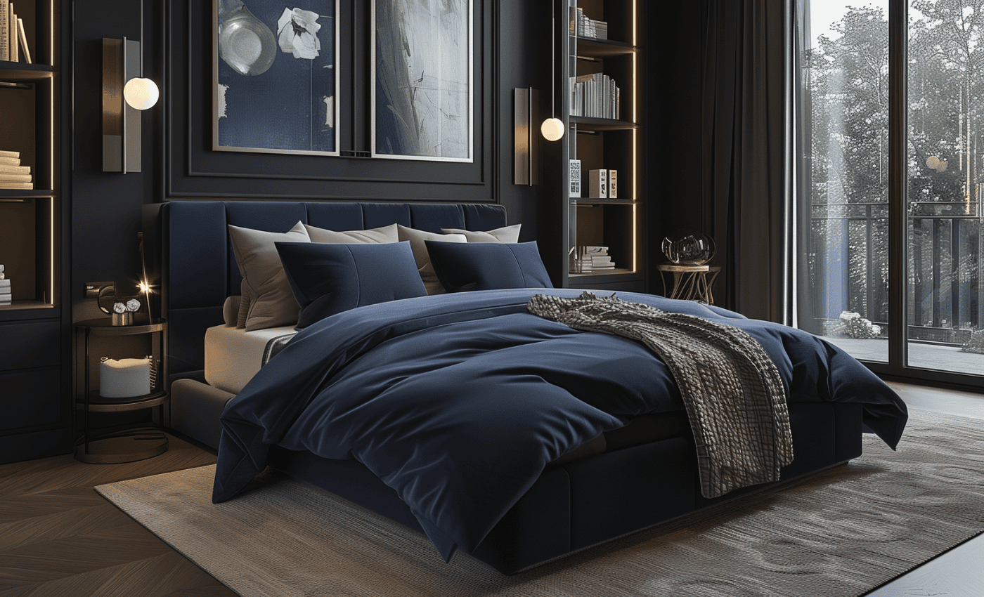 designer inspired bedroom with black walls