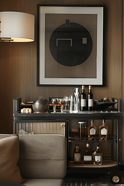 Bar cart in bedroom gives a luxury hotel feel