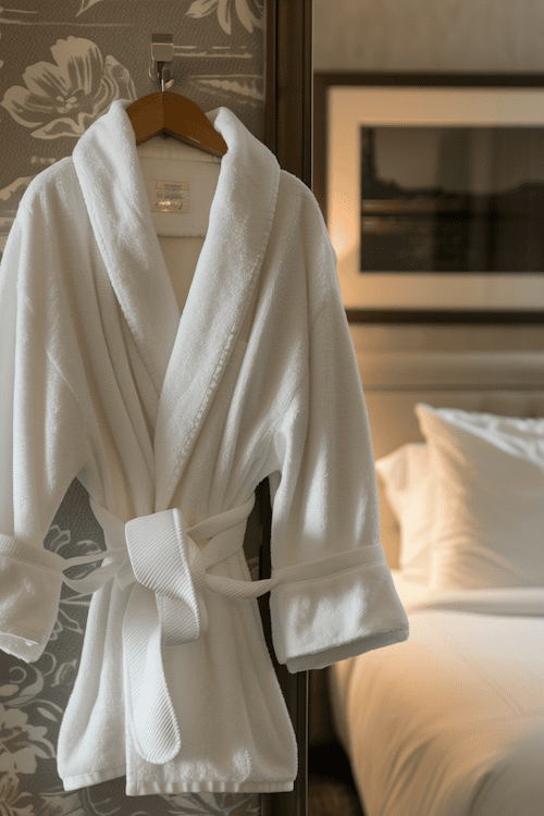 a Cozy white robe hanging in bedroom designed to look like a luxury hotel suite