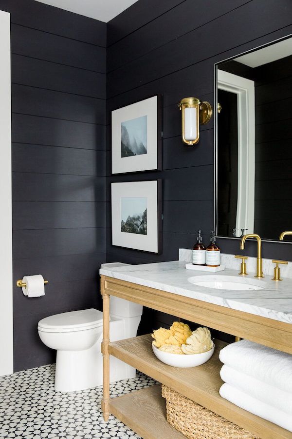 Bathroom with shiplap wall painted with Black Jack by Benjamin Moore