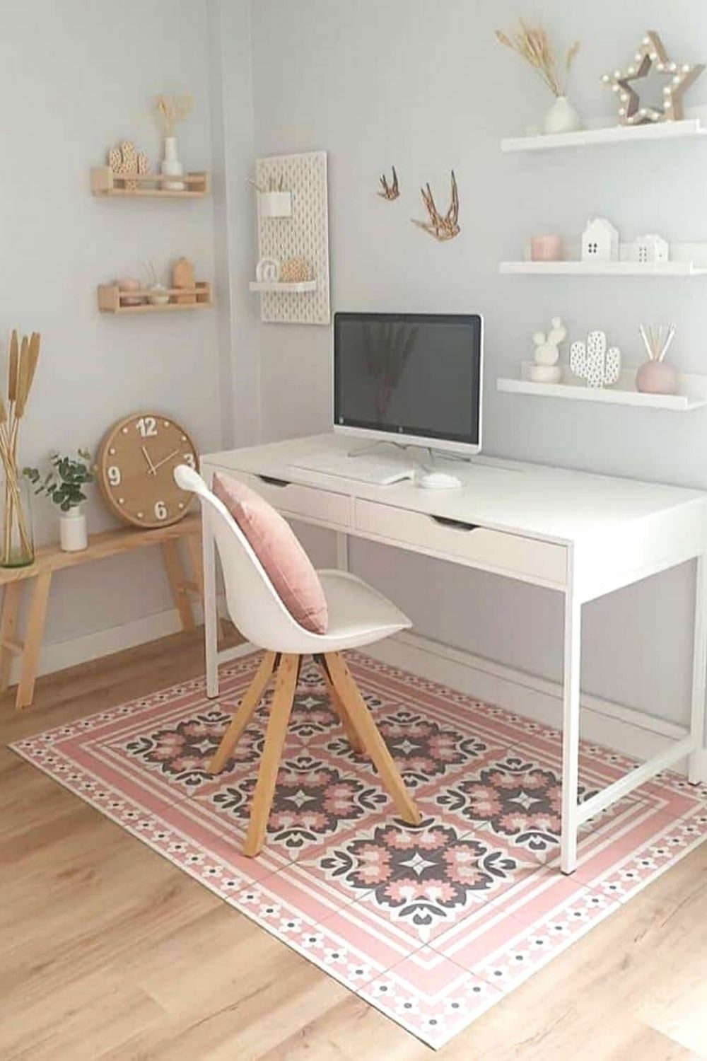 home office with pink accent colors