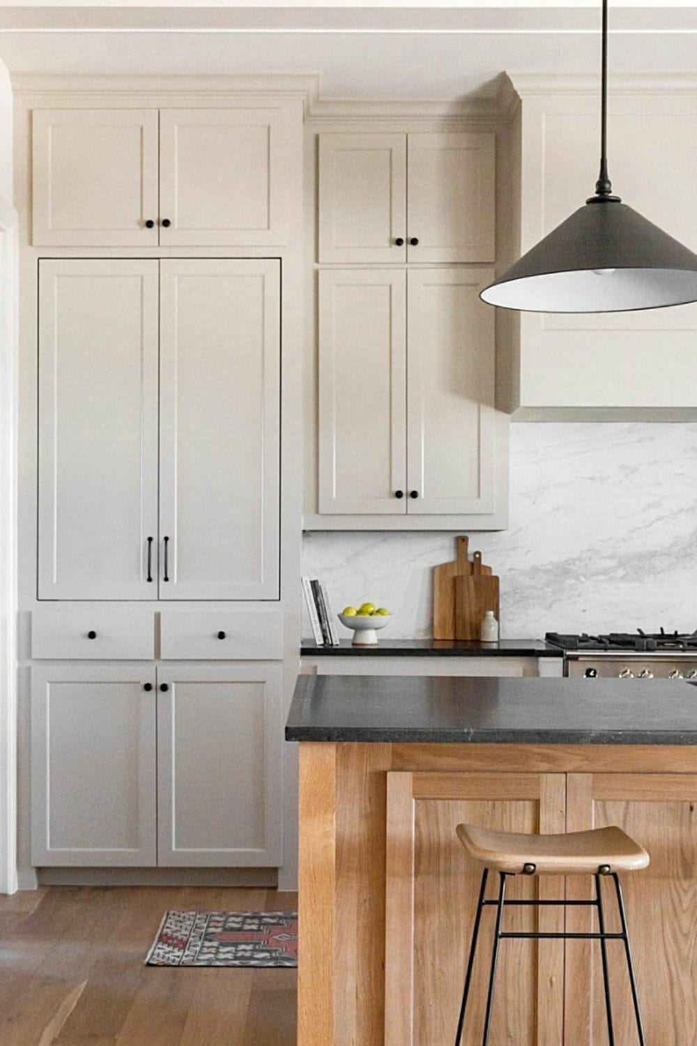 Kitchen cabinets painted with Revere Pewter by Benjamin Moore