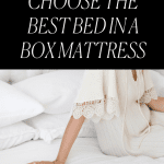 Woman sitting comfortably on her carefully chosen bed in a box mattress
