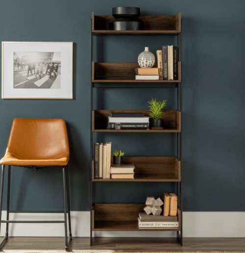 Geometric metal shelves showing how a home office doesn't have to look corporate