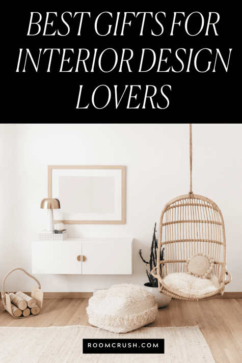 a unique chair, lamp, and wall art showing the best gifts for interior designers