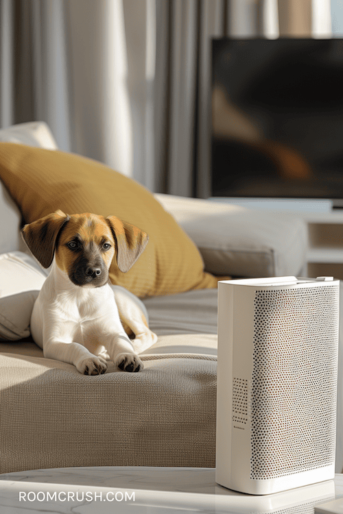 Puppy sits on couch looking at The 5 Best Air Purifiers for Allergies