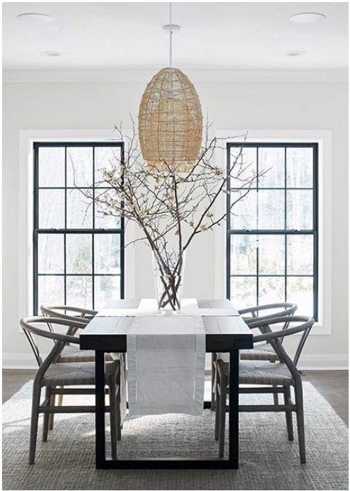 a dining room painted with Paper White by Benjamin Moore