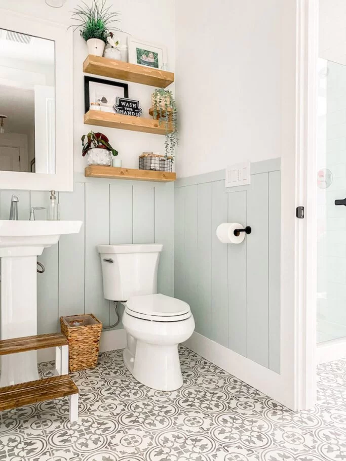 bathroom wainscoting painted with Sea Salt by Sherwin-Williams