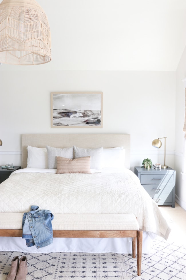 a bright bedroom painted with Benjamin Moore White Dove