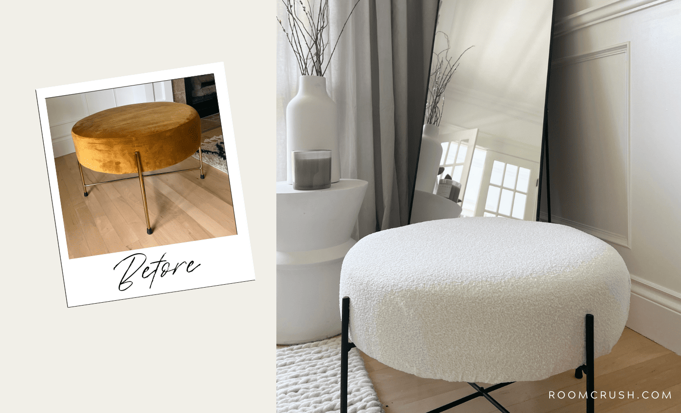 amazing DIY boucle ottoman makeover tutorial before and after