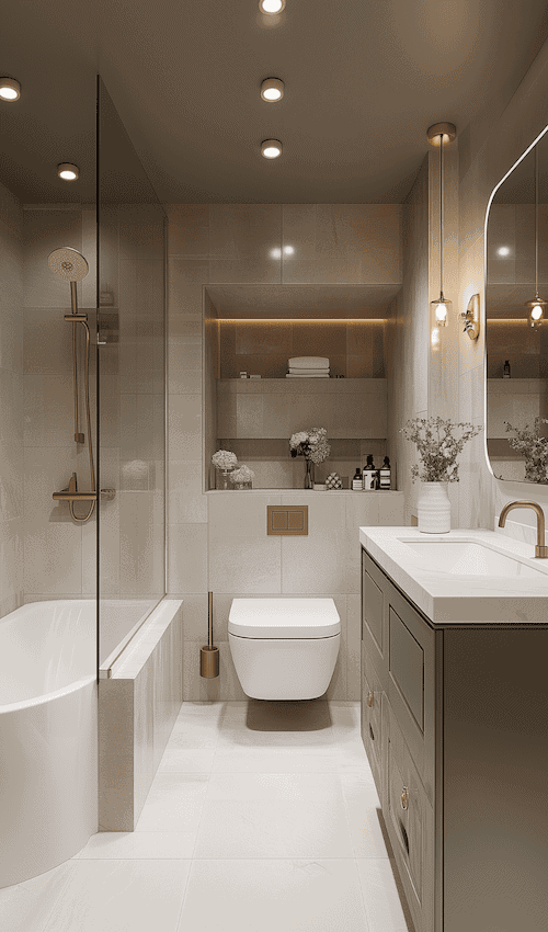 small bathroom is stylish and functional with built-in shelves