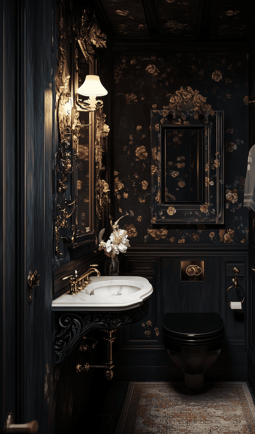 tiny moody vintage powder room feels bigger with mirrors